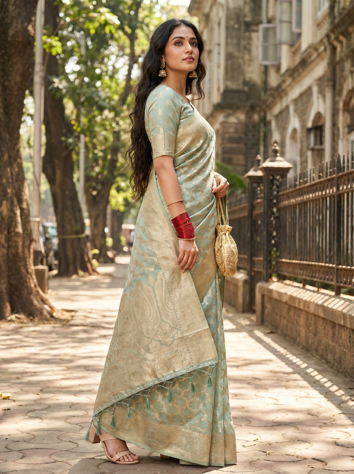 MIMOSA Rama Banarasi Art Silk Saree — Full View on Model