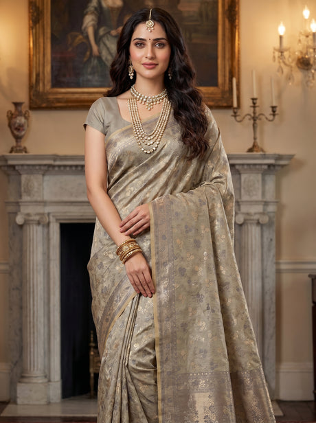 MIMOSA Grey Kanjivaram Art Silk Saree — full view on mannequin