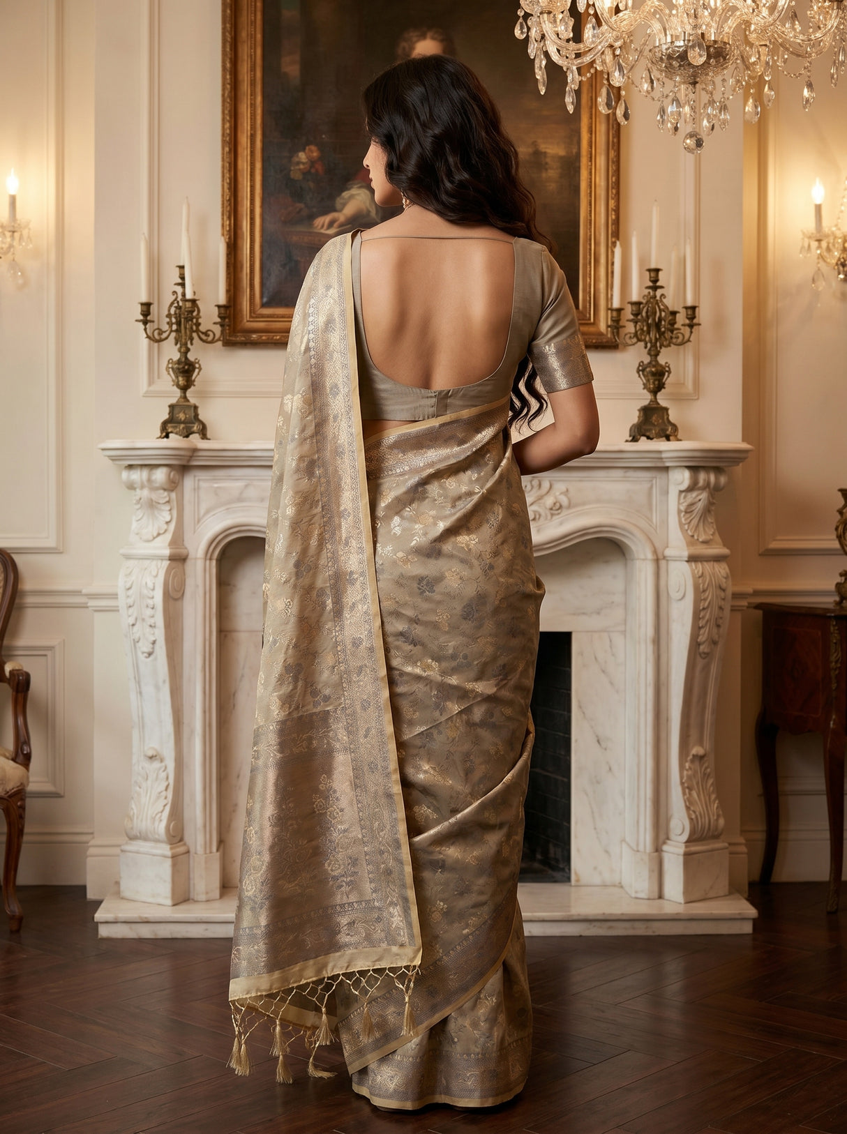 MIMOSA Grey Kanjivaram Art Silk Saree — unstitched blouse fabric