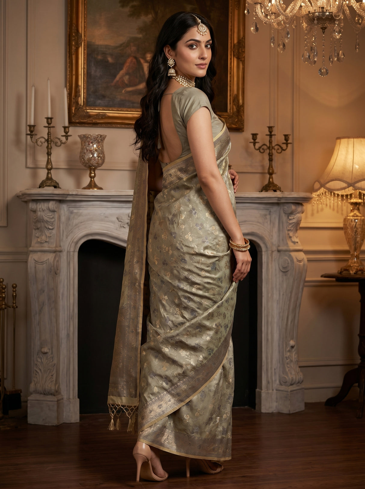 MIMOSA Grey Kanjivaram Art Silk Saree — pose 5 styling detail