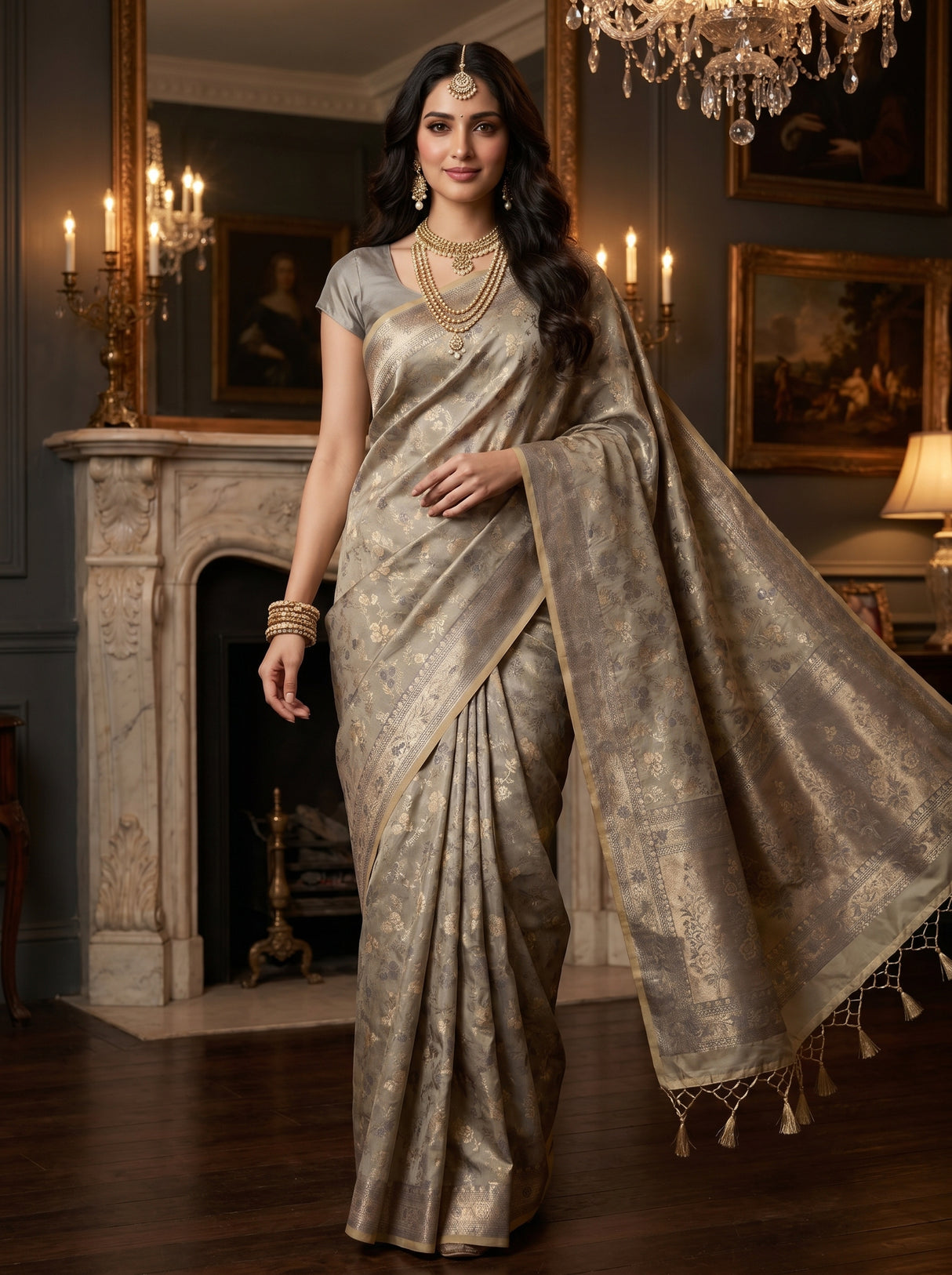 MIMOSA Grey Kanjivaram Art Silk Saree — pose 6 styling detail