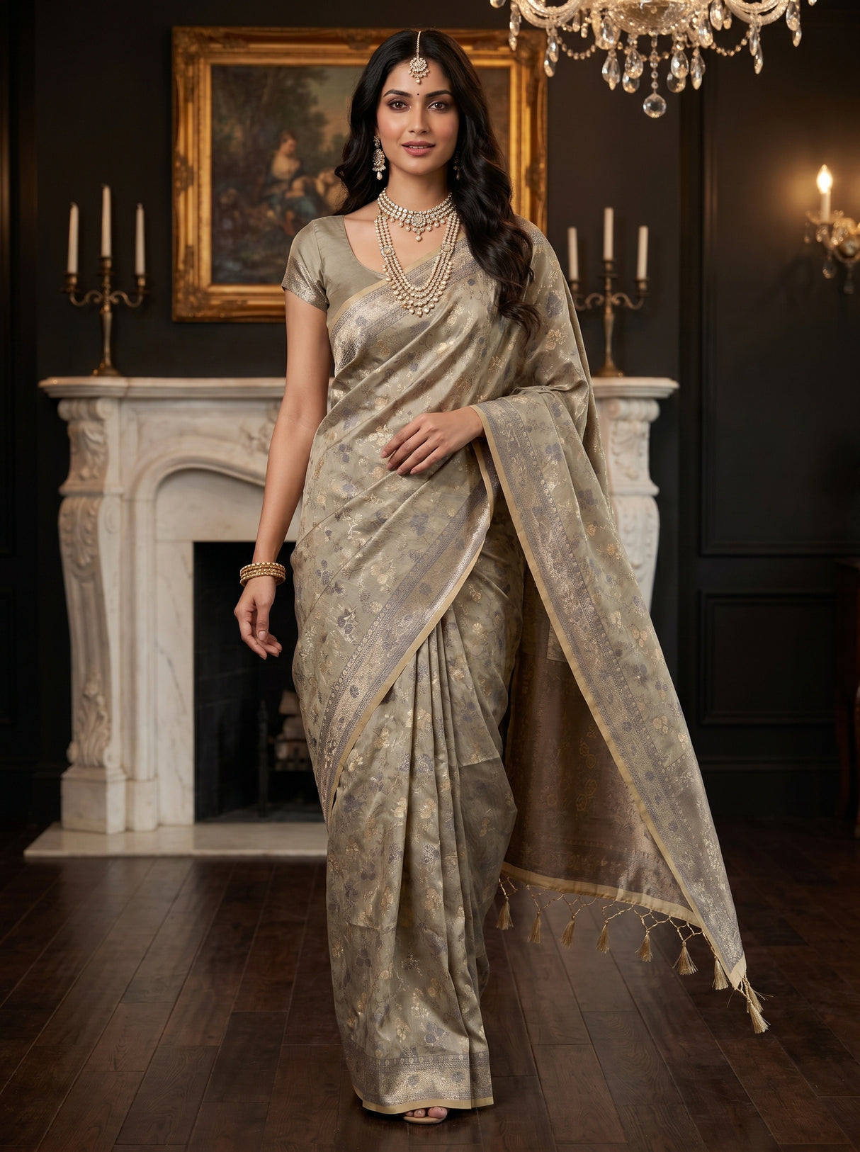 MIMOSA Grey Kanjivaram Art Silk Saree — pose 7 styling detail
