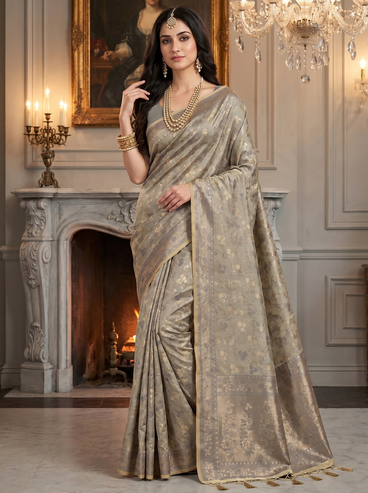 MIMOSA Grey Kanjivaram Art Silk Saree — pose 9 styling detail