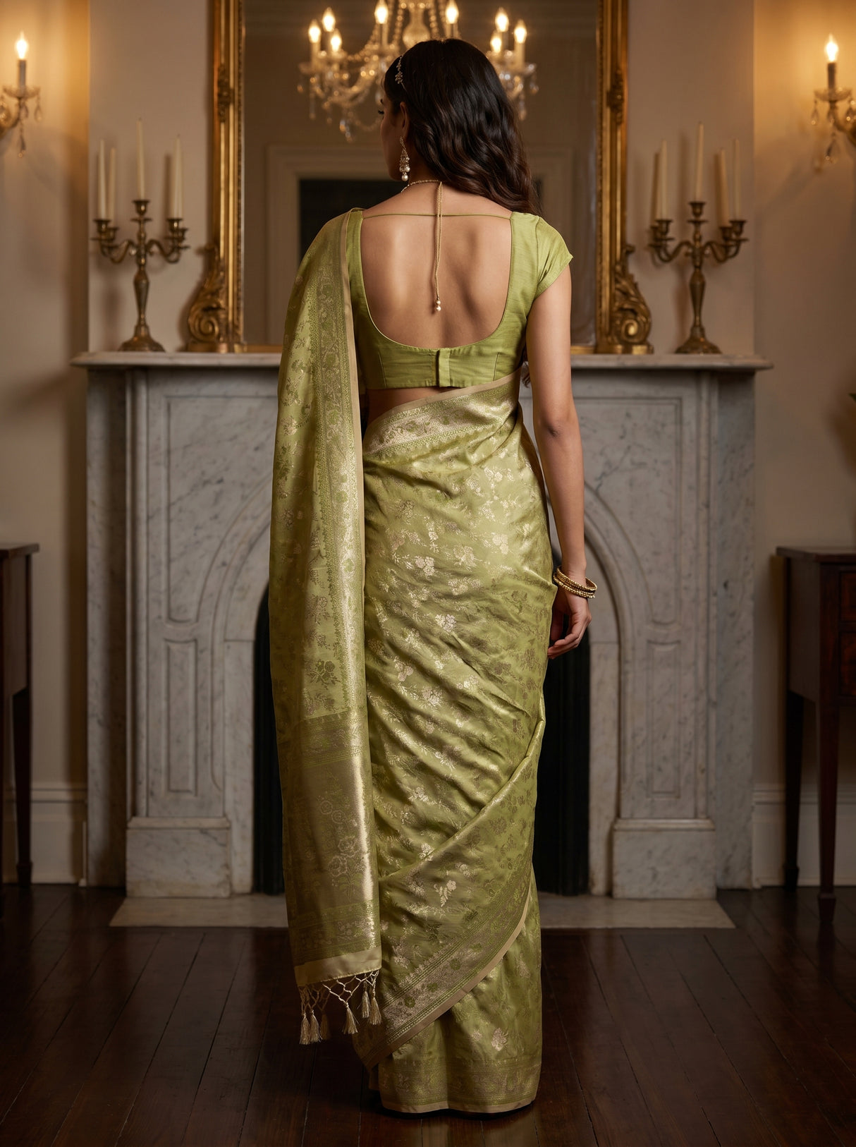 MIMOSA Olive Kanjivaram Art Silk Saree — unstitched blouse fabric