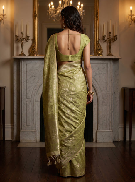 MIMOSA Olive Kanjivaram Art Silk Saree — unstitched blouse fabric