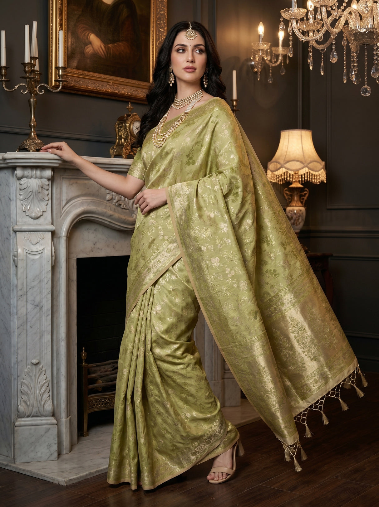 MIMOSA Olive Kanjivaram Art Silk Saree — pose 4 styling detail