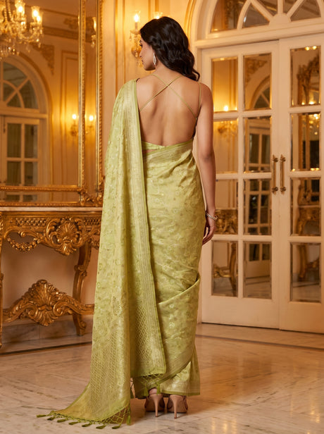 MIMOSA Olive Kanjivaram Art Silk Saree — Unstitched Blouse Piece