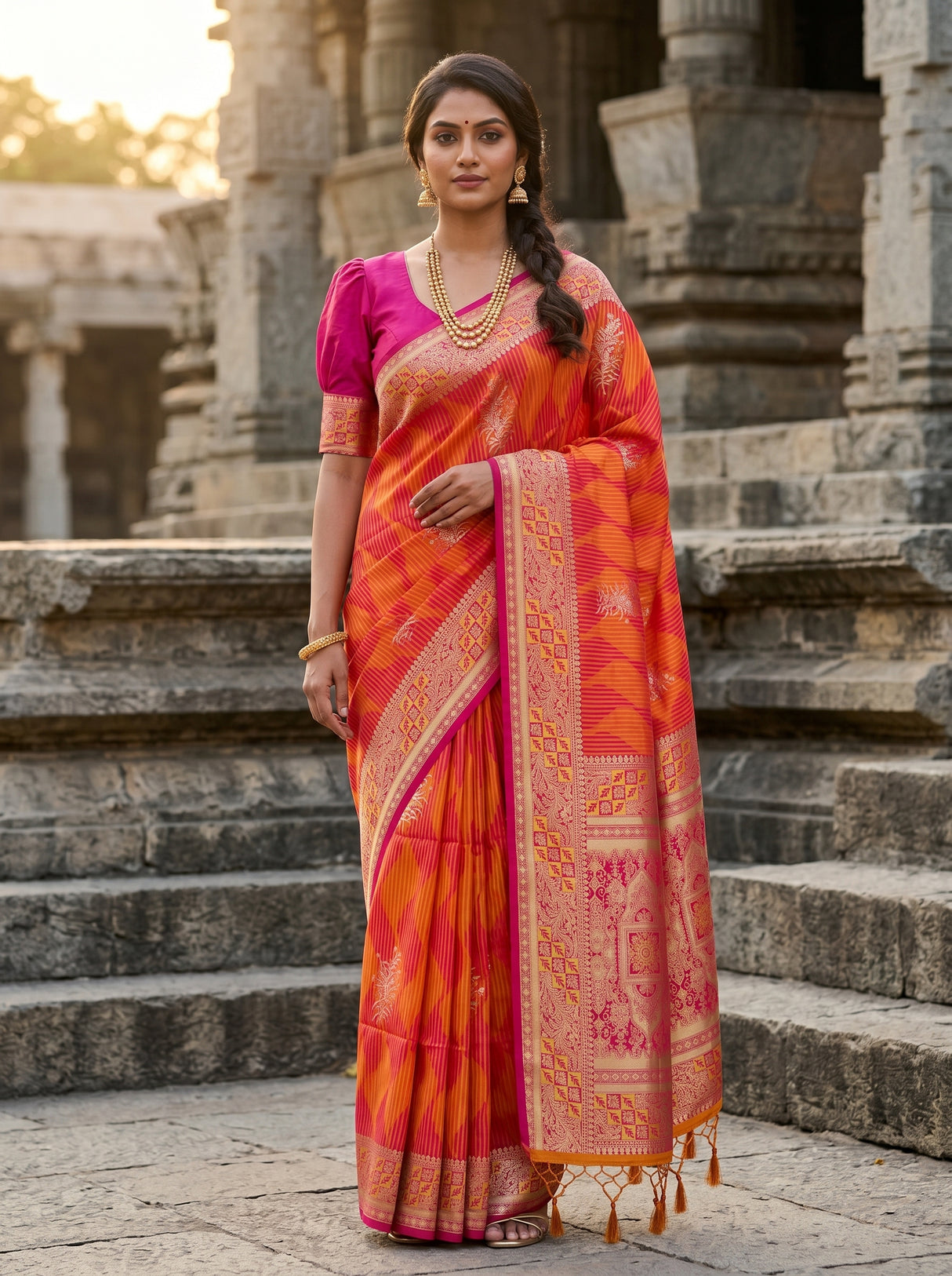 MIMOSA Gold Kanjivaram Art Silk Saree — mannequin full view