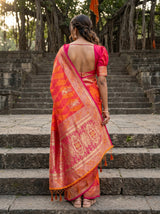 MIMOSA Gold Kanjivaram Art Silk Saree — contrast Pink blouse piece