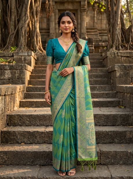 MIMOSA Parrot Green Kanjivaram Art Silk Saree — mannequin full view