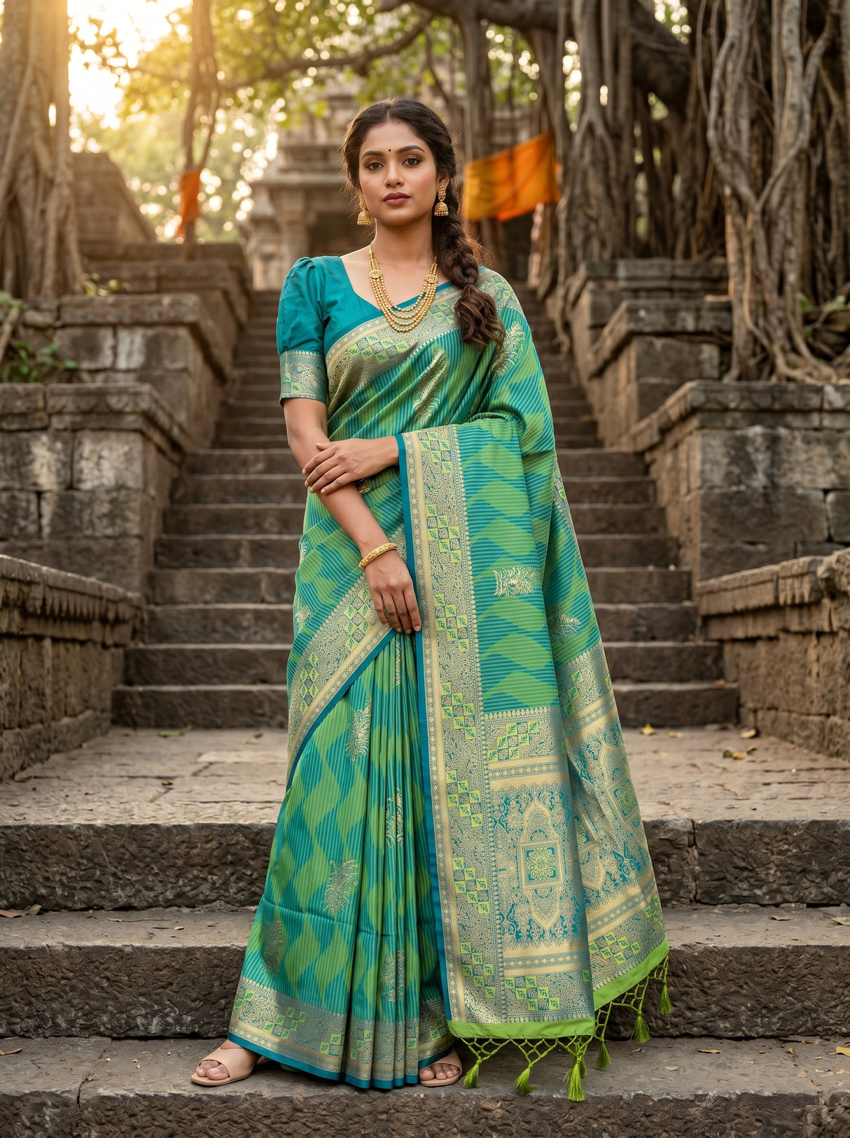 MIMOSA Parrot Green Kanjivaram Art Silk Saree — model in temple setting