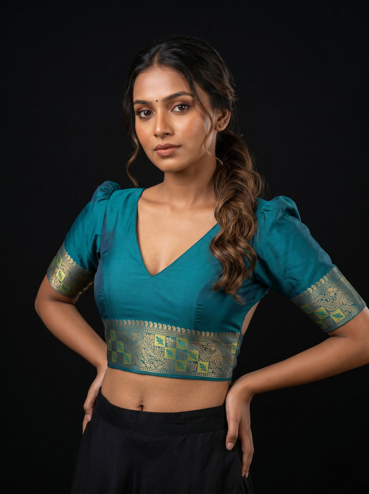 MIMOSA Parrot Green Kanjivaram Art Silk Saree — blouse close-up