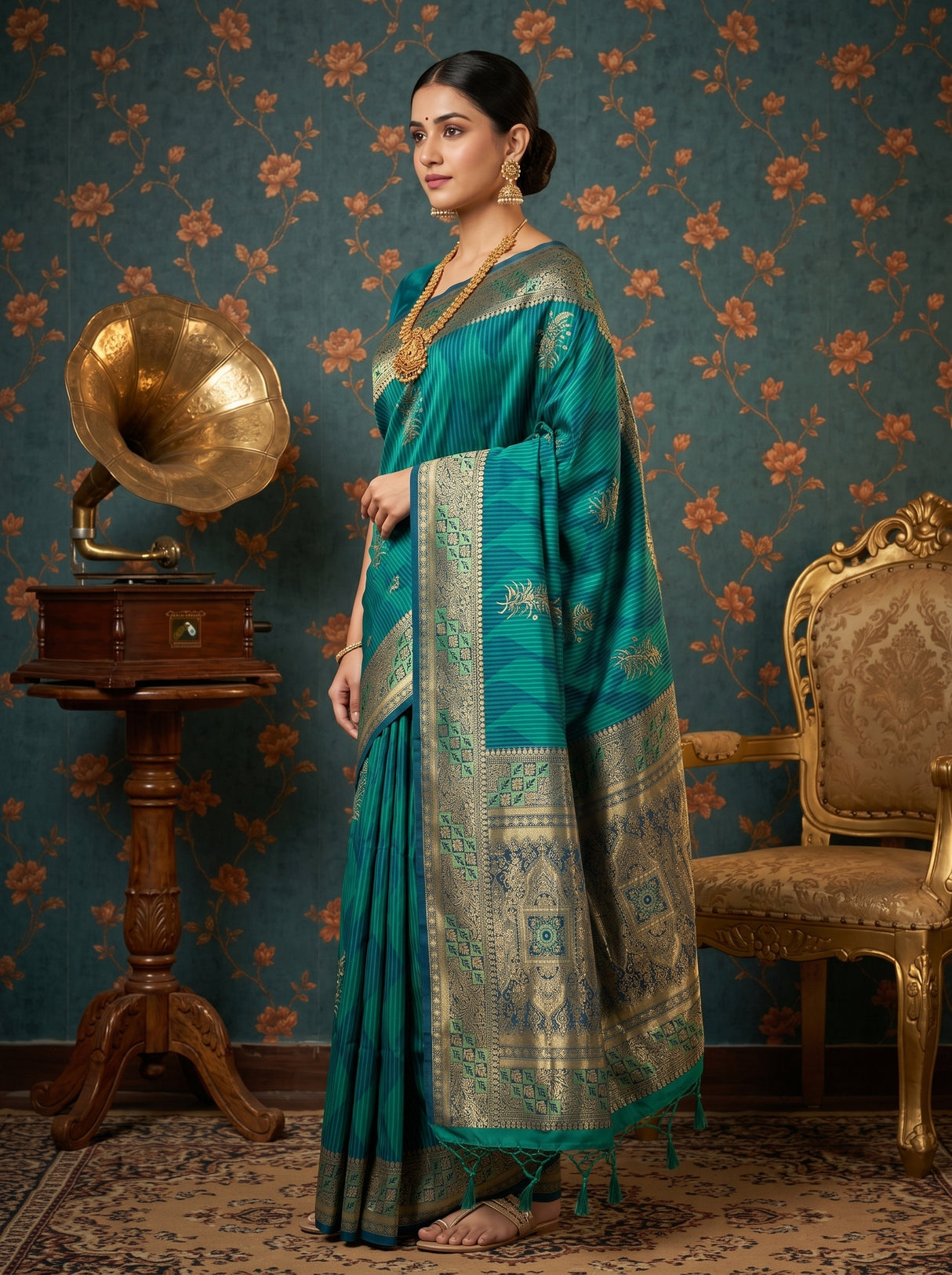 MIMOSA Rama Kanjivaram Art Silk Saree — model in temple setting