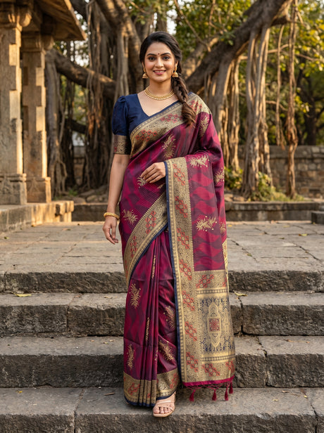 MIMOSA Wine Kanjivaram Art Silk Saree — mannequin full view