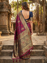 MIMOSA Wine Kanjivaram Art Silk Saree — contrast Navy blouse piece
