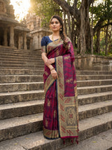 MIMOSA Wine Kanjivaram Art Silk Saree — model in temple setting