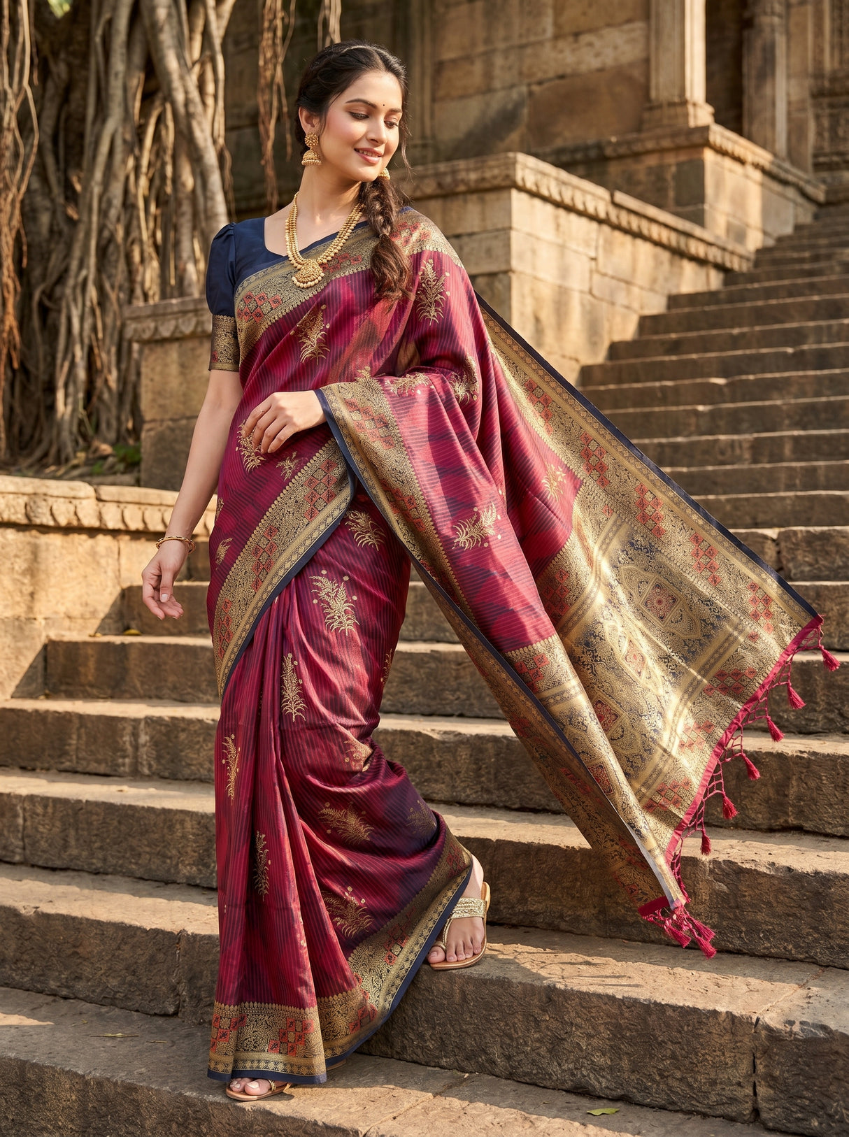 MIMOSA Wine Kanjivaram Art Silk Saree — pose 6 styling detail