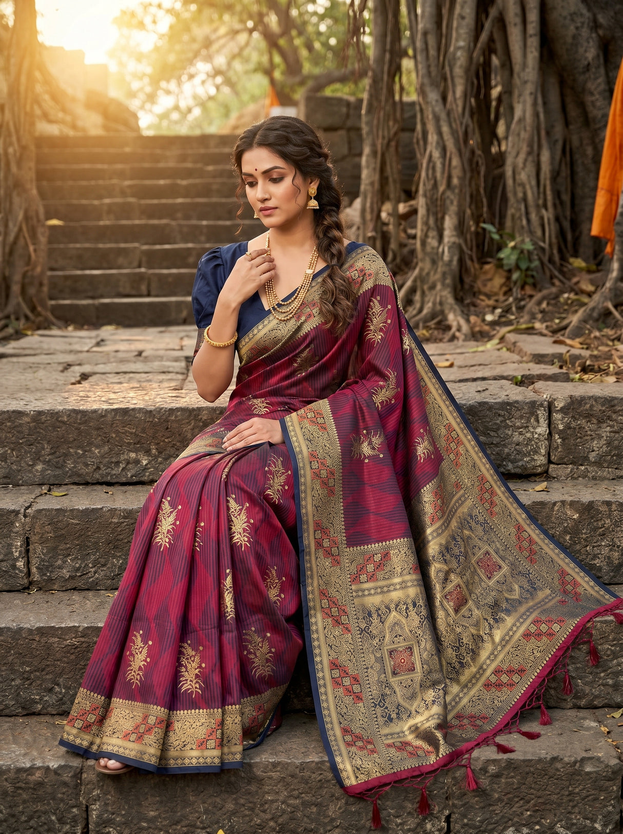 MIMOSA Wine Kanjivaram Art Silk Saree — pose 8 styling detail