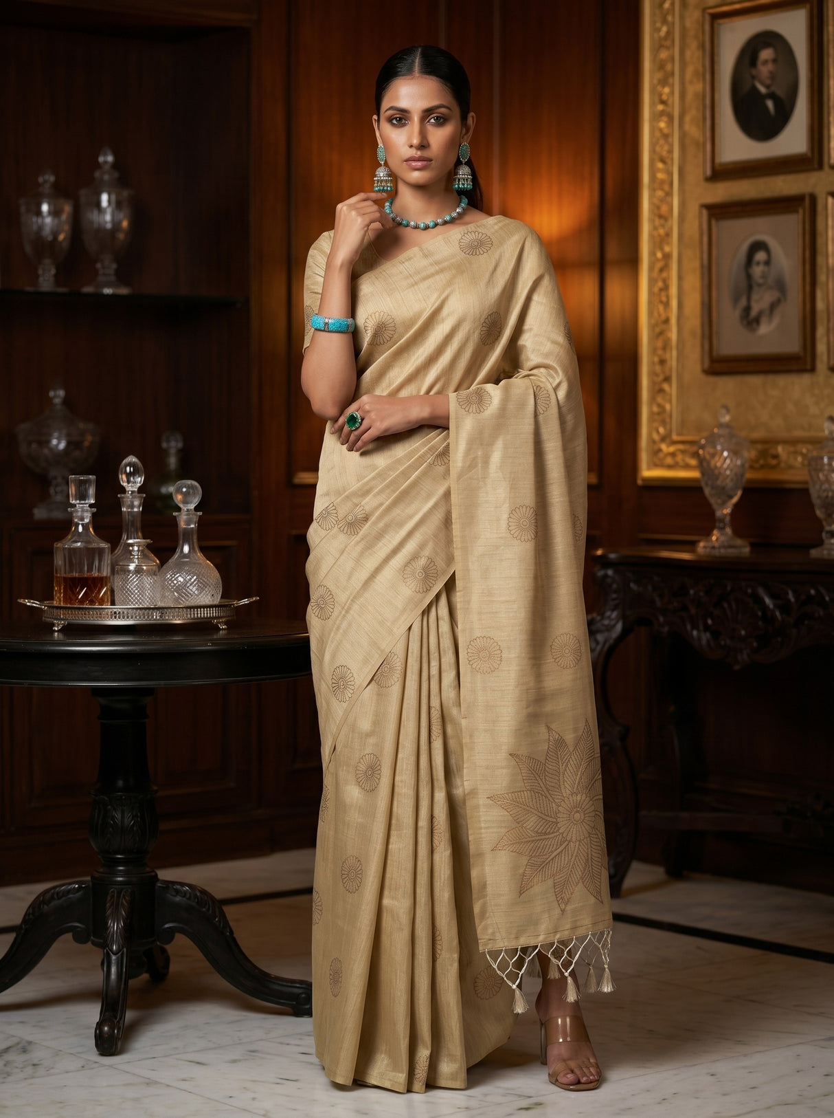 MIMOSA Chiku bhagalpuri Linen Saree — AI Model lifestyle pose 1