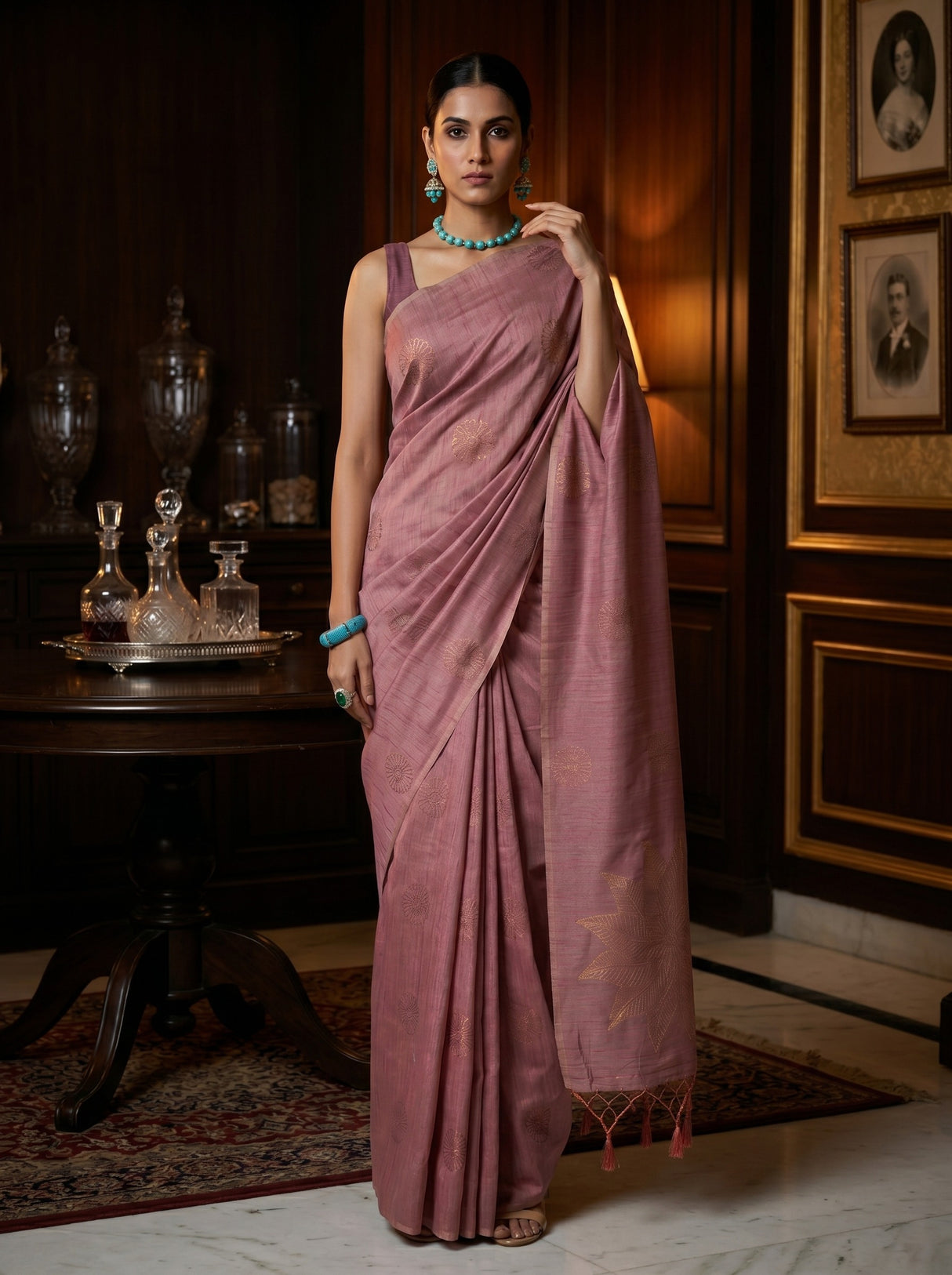 MIMOSA Gajari bhagalpuri Linen Saree — AI Model lifestyle pose 1
