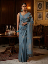 MIMOSA Grey bhagalpuri Linen Saree — AI Model lifestyle pose 1