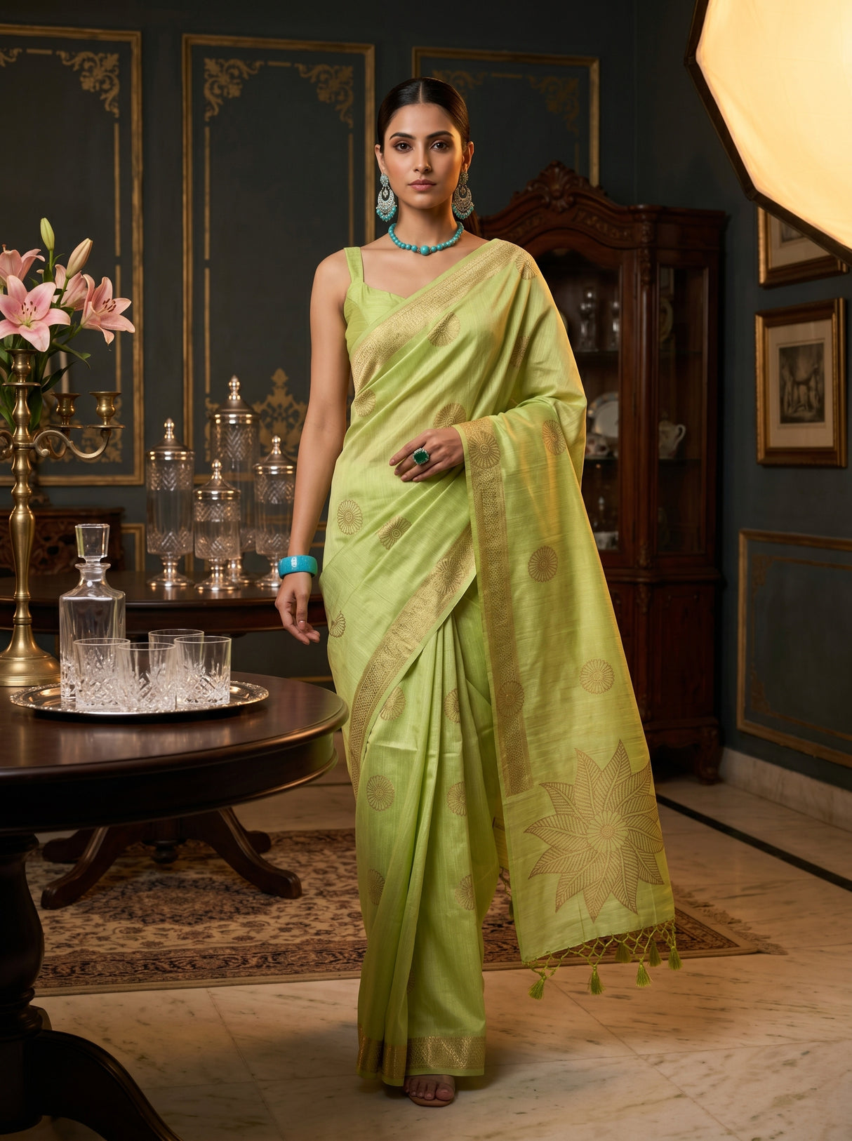 MIMOSA Liril bhagalpuri Linen Saree — AI Model lifestyle pose 1