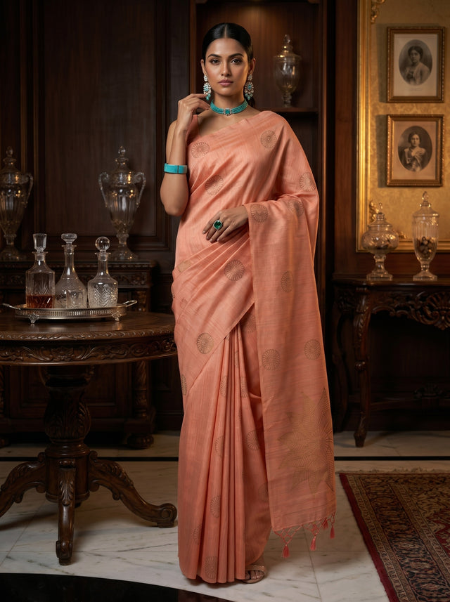 MIMOSA Peach bhagalpuri Linen Saree — AI Model lifestyle pose 1