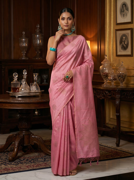 MIMOSA Pink bhagalpuri Linen Saree — AI Model lifestyle pose 1