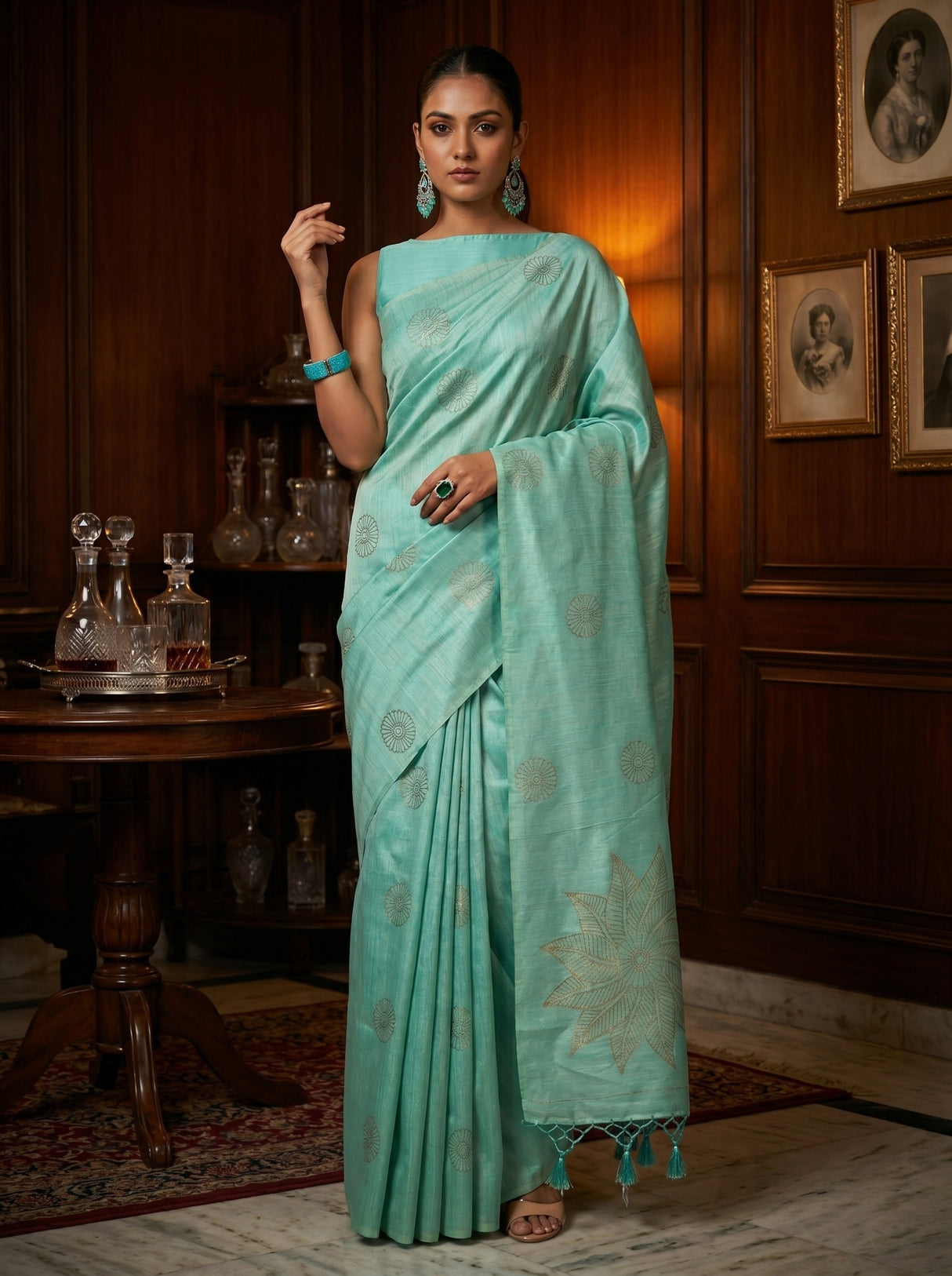 MIMOSA Rama bhagalpuri Linen Saree — AI Model lifestyle pose 1