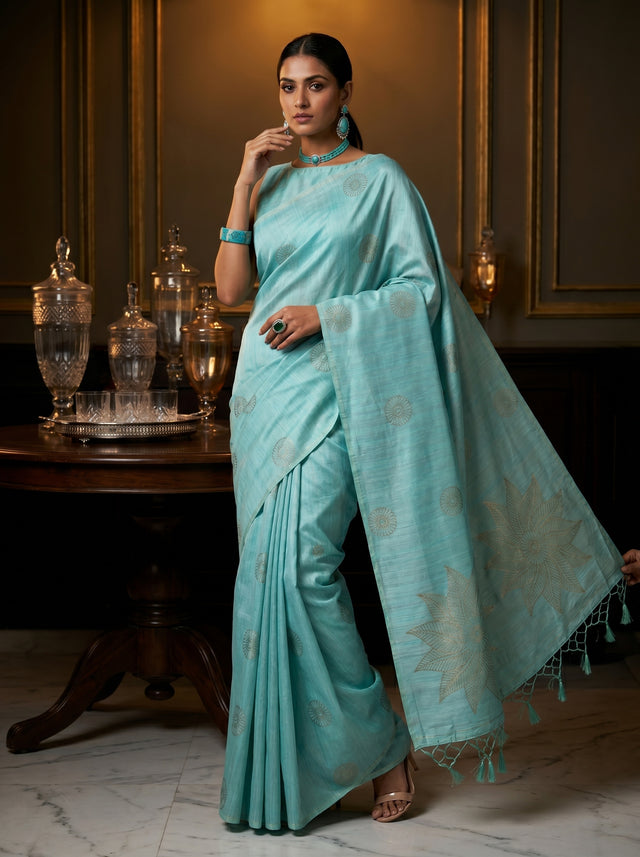 MIMOSA Sapphire bhagalpuri Linen Saree — AI Model lifestyle pose 1