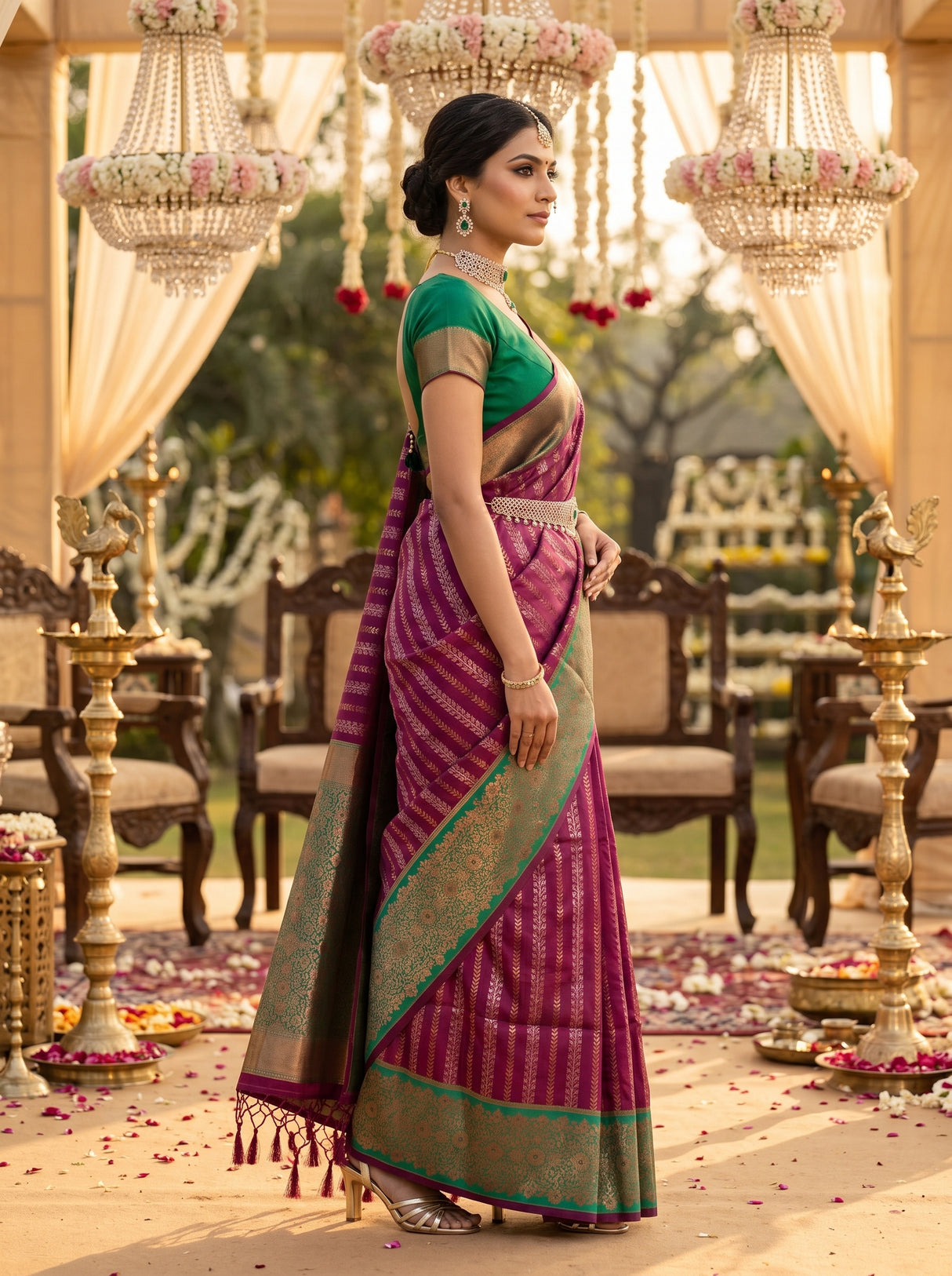 MIMOSA Maroon Kanjivaram Art Silk Saree — Full View on Model