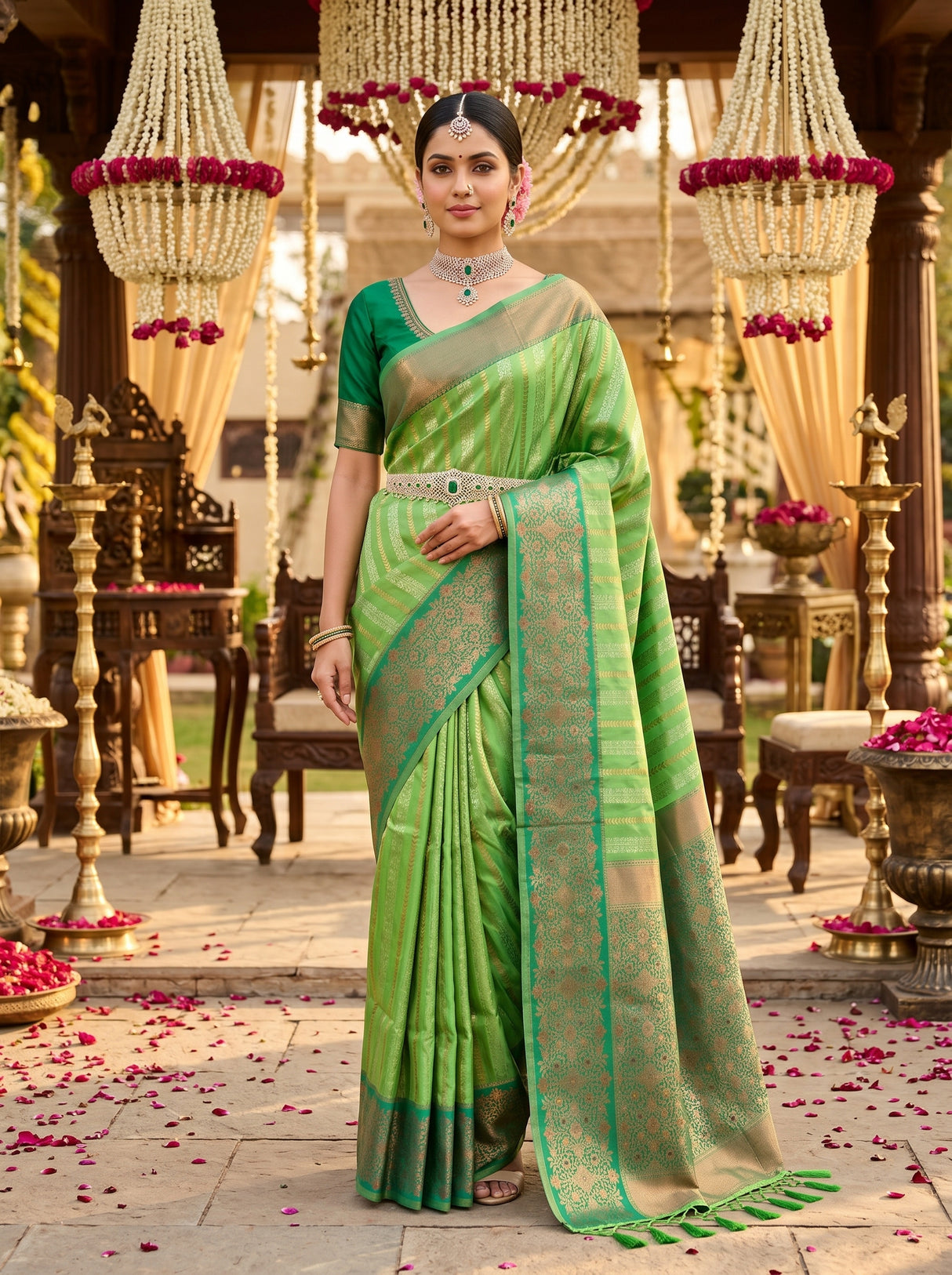 MIMOSA Parrot Green Kanjivaram Art Silk Saree — Draped Mannequin View