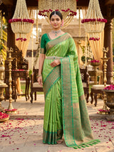 MIMOSA Parrot Green Kanjivaram Art Silk Saree — Draped Mannequin View