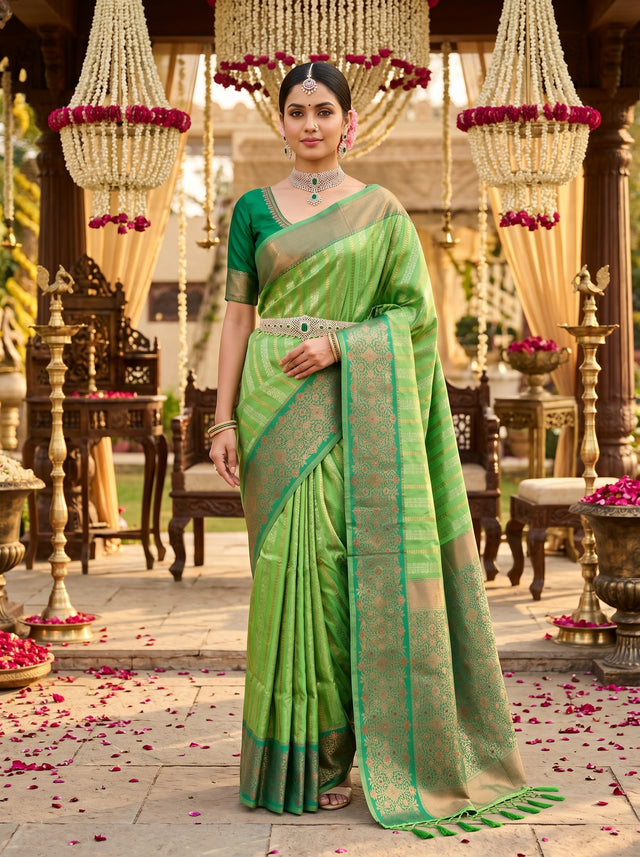 MIMOSA Parrot Green Kanjivaram Art Silk Saree — Draped Mannequin View