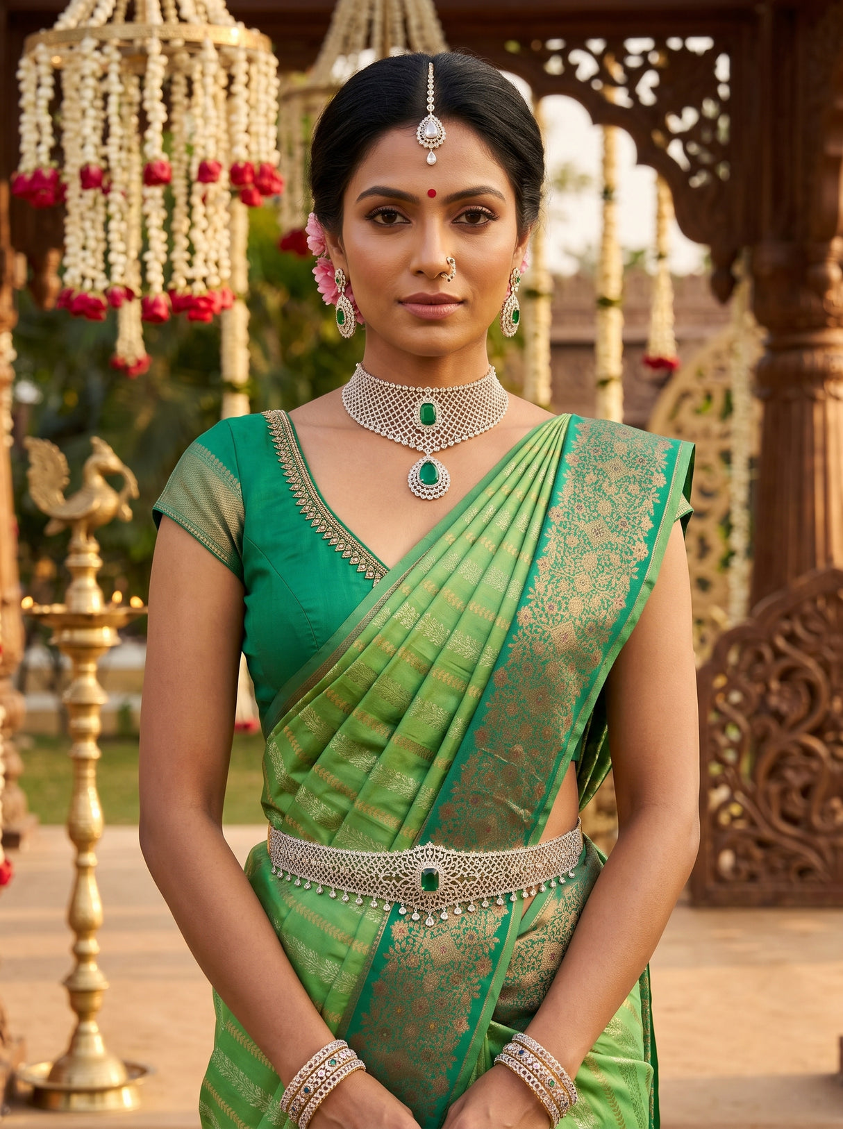 MIMOSA Parrot Green Kanjivaram Art Silk Saree — pose 10 styling detail