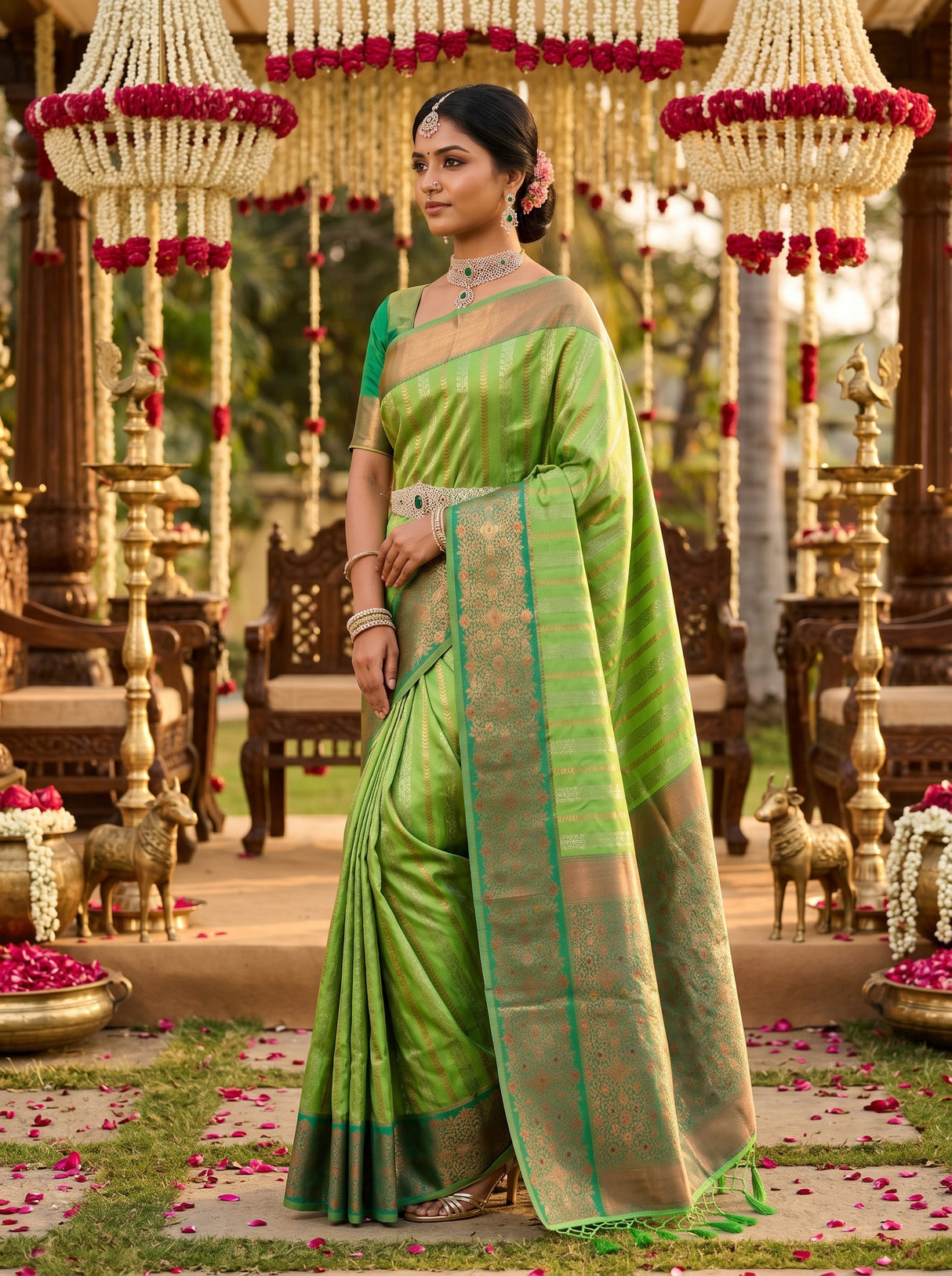 MIMOSA Parrot Green Kanjivaram Art Silk Saree — Full View on Model