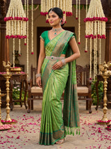 MIMOSA Parrot Green Kanjivaram Art Silk Saree — pose 4 styling detail