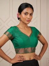 MIMOSA Parrot Green Kanjivaram Art Silk Saree — blouse close-up