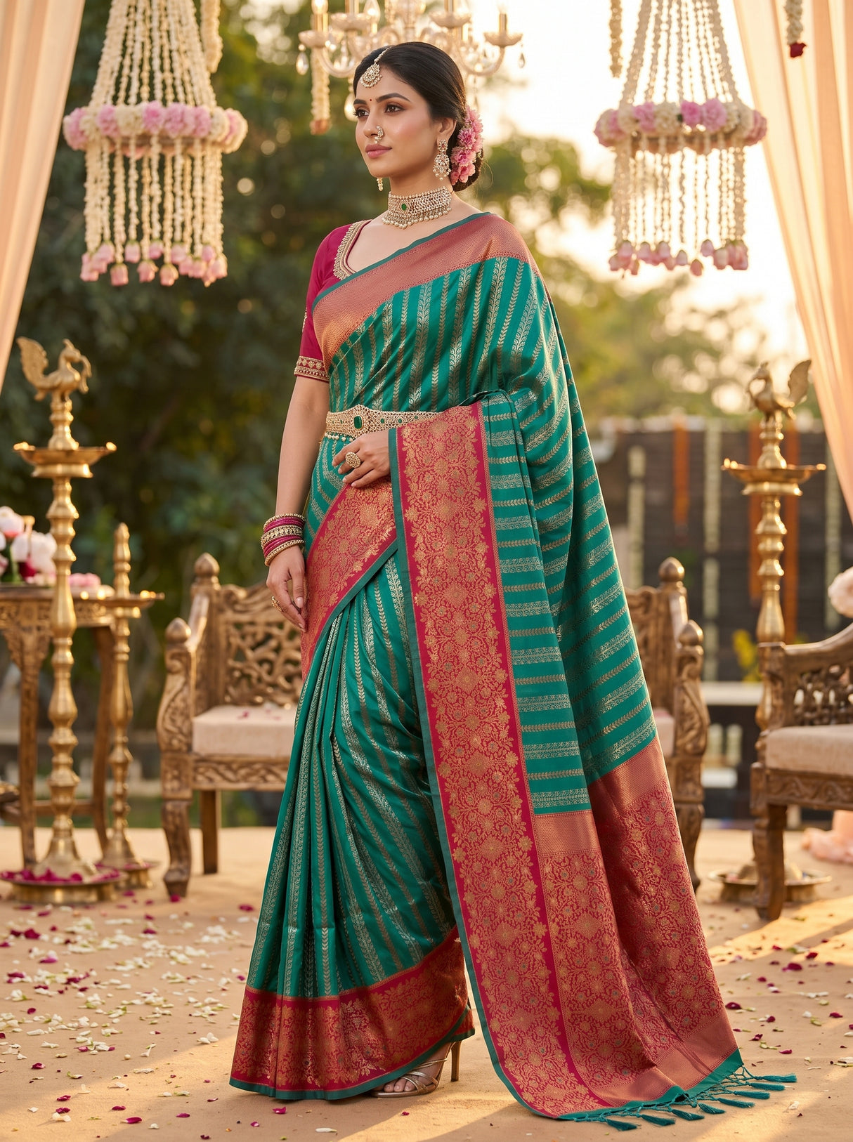 MIMOSA Rama Kanjivaram Art Silk Saree — Unstitched Rani Blouse Piece