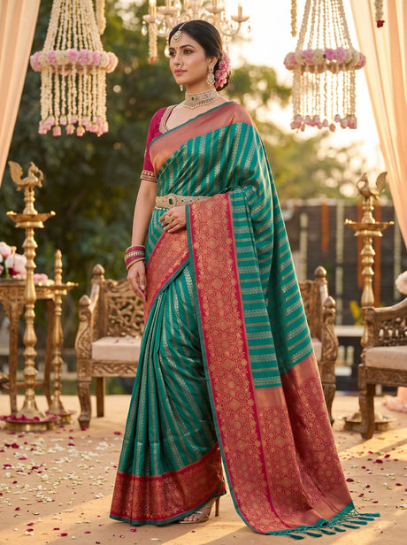 MIMOSA Rama Kanjivaram Art Silk Saree — Unstitched Rani Blouse Piece