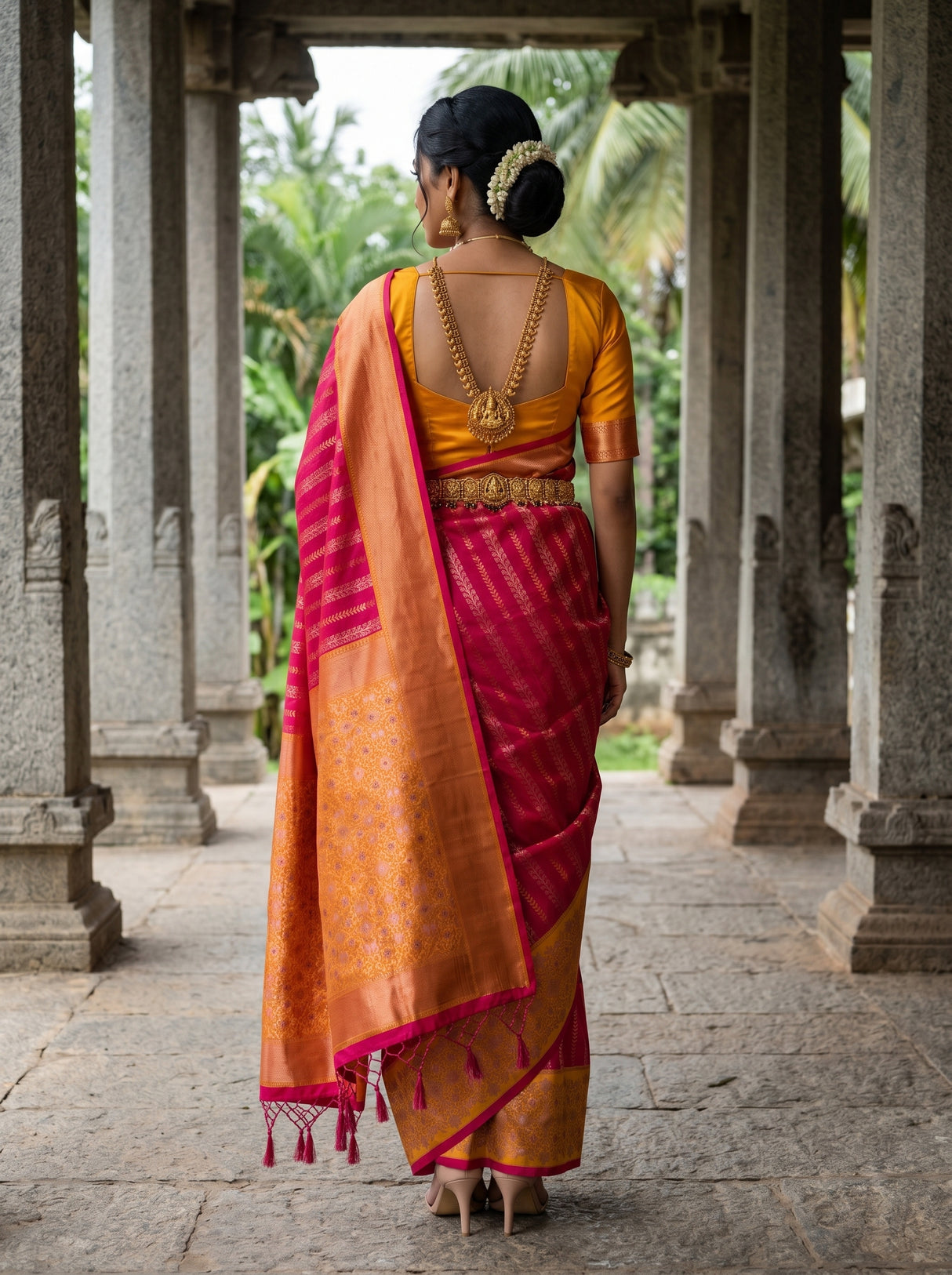 MIMOSA Rani Kanjivaram Art Silk Saree — Unstitched Mustard Blouse Piece