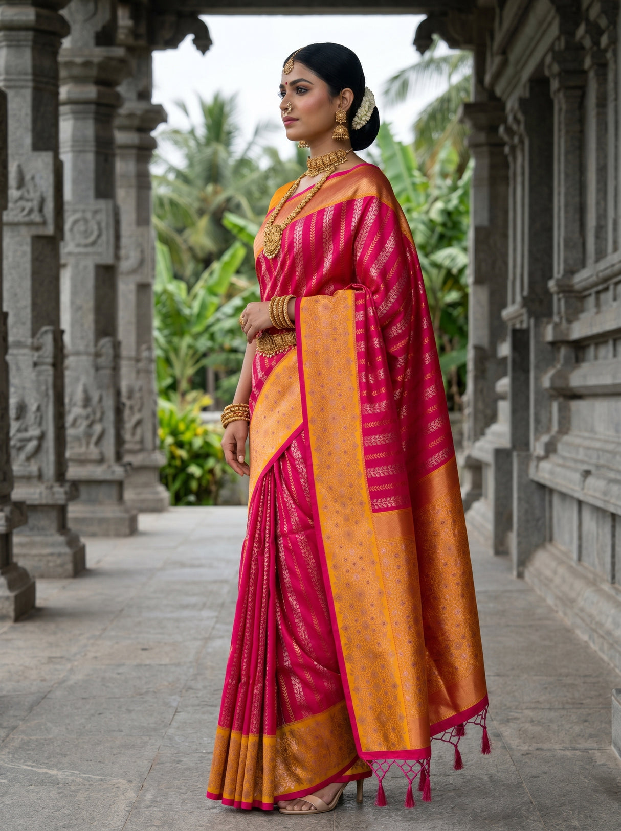 MIMOSA Rani Kanjivaram Art Silk Saree — Full View on Model