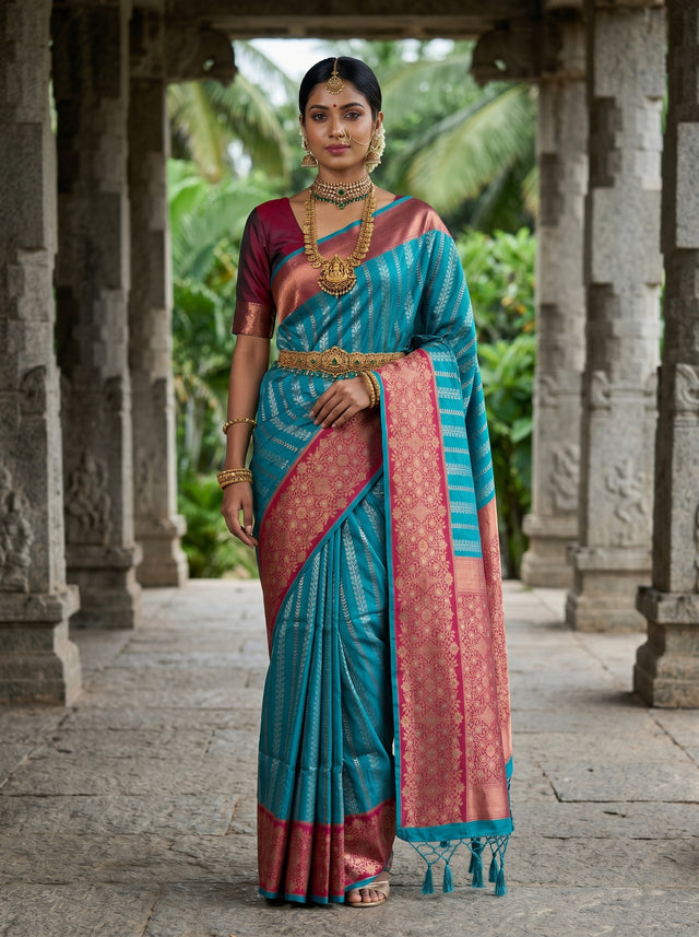 MIMOSA Saffire Kanjivaram Art Silk Saree — Draped Mannequin View