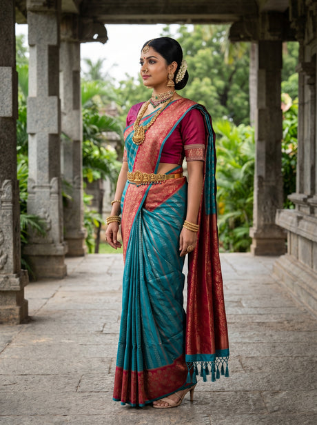MIMOSA Saffire Kanjivaram Art Silk Saree — Unstitched Mejanta Blouse Piece
