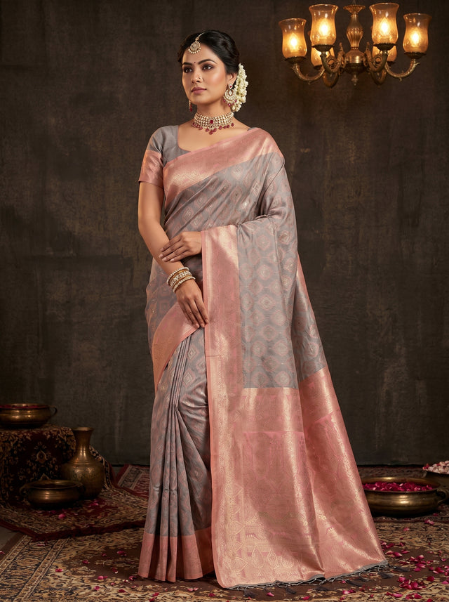MIMOSA Grey Kanjivaram Art Silk Saree — Mannequin draped view