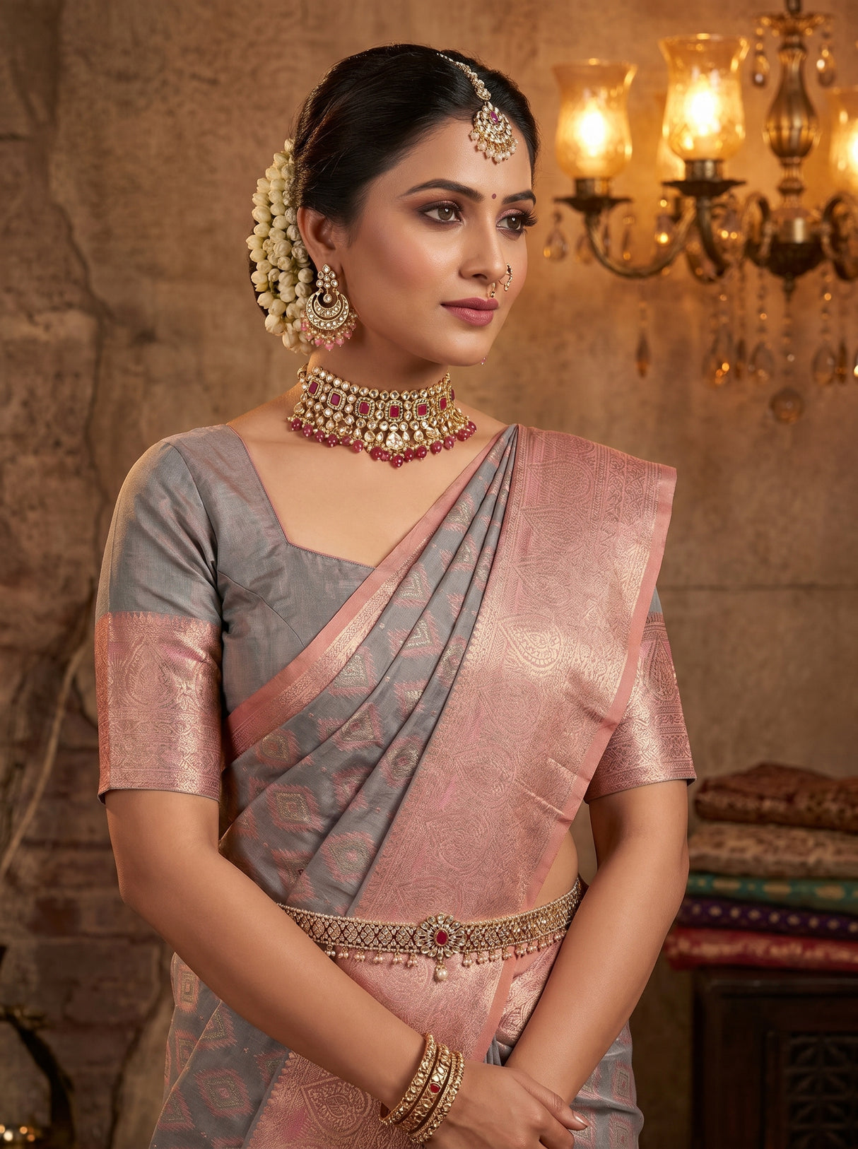 MIMOSA Grey Kanjivaram Art Silk Saree — pose 10 styling detail