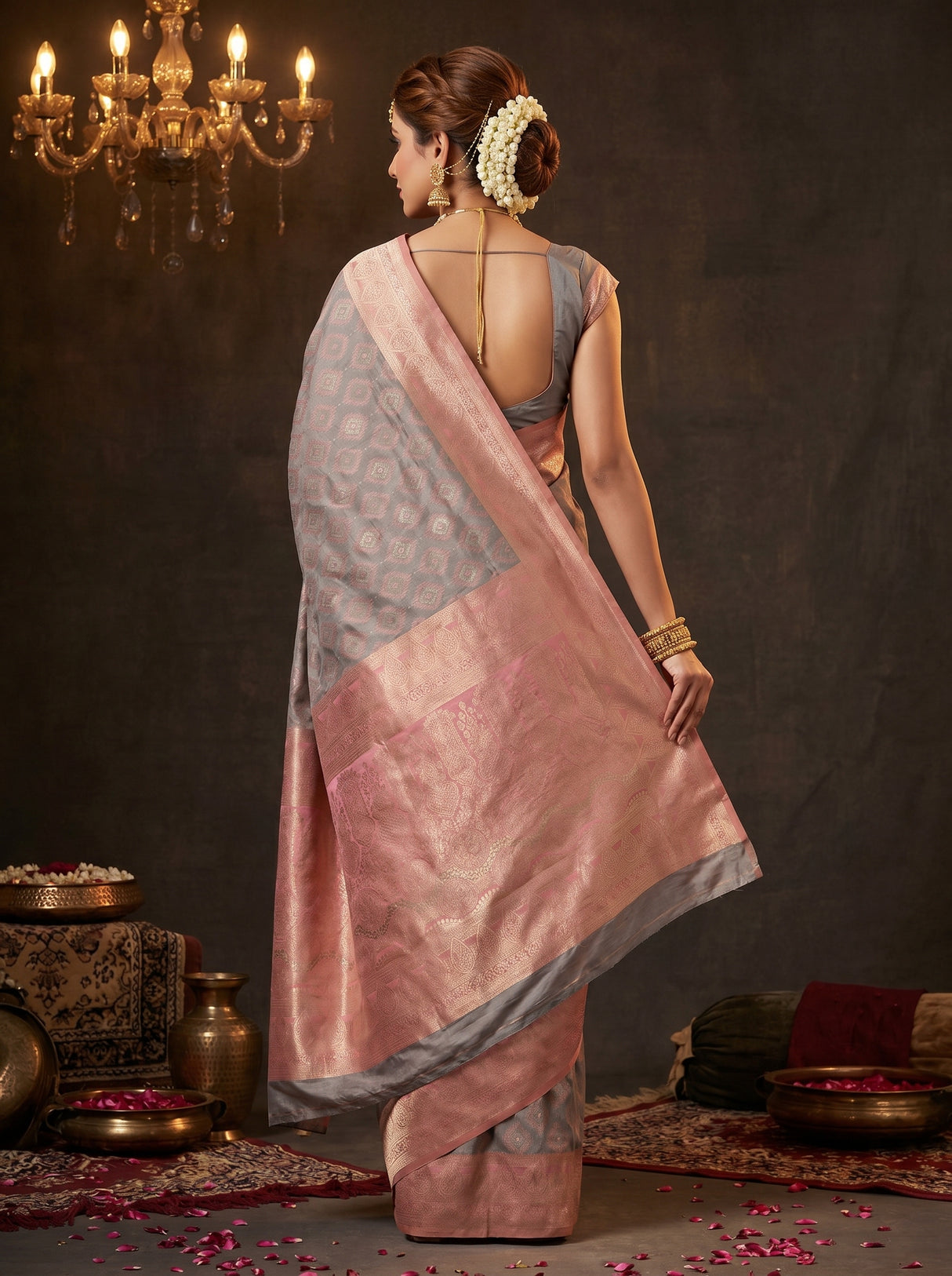 MIMOSA Grey Kanjivaram Art Silk Saree — Blouse piece flat-lay