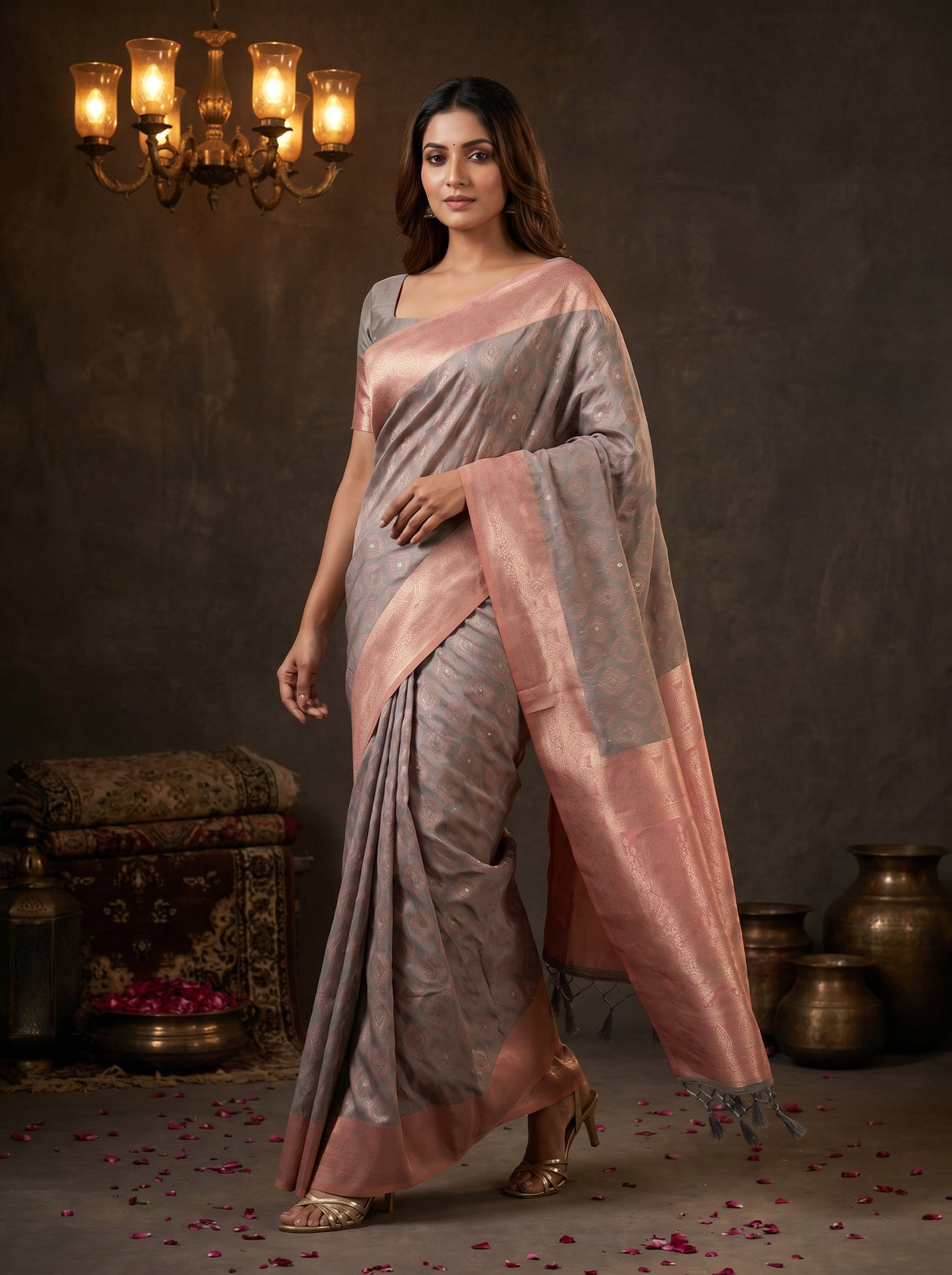MIMOSA Grey Kanjivaram Art Silk Saree — pose 6 styling detail