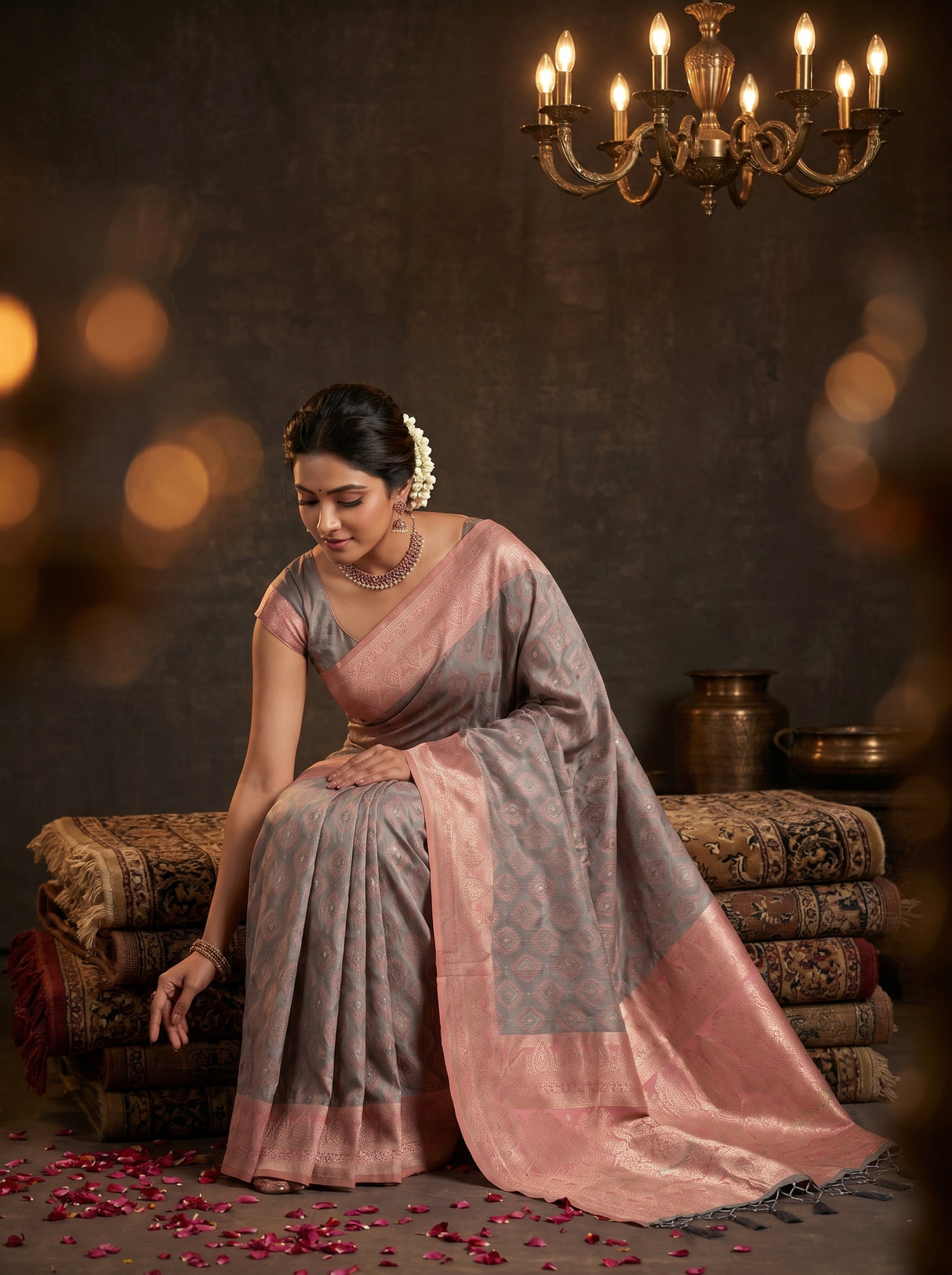 MIMOSA Grey Kanjivaram Art Silk Saree — pose 8 styling detail