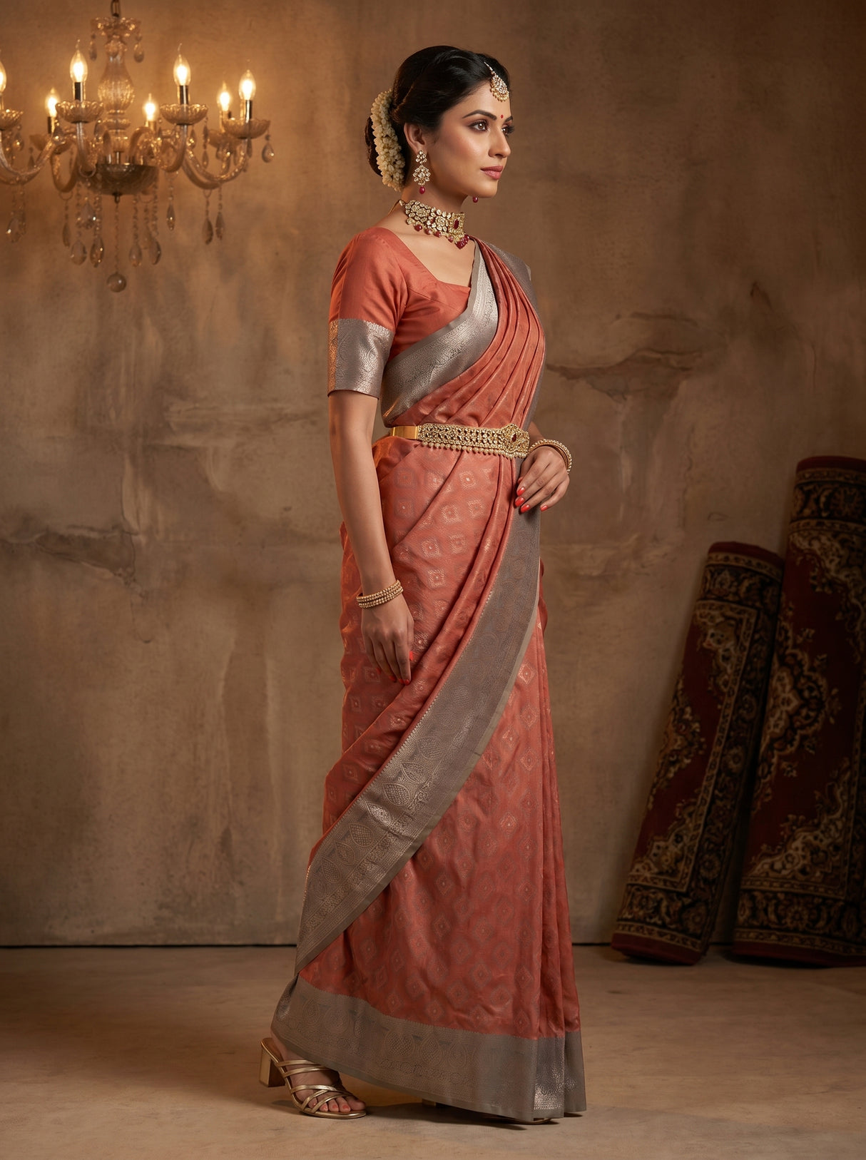 MIMOSA Pink Kanjivaram Art Silk Saree — Blouse piece flat-lay